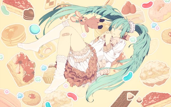 Anime picture 1200x750 with vocaloid lol -lots of laugh- (vocaloid) hatsune miku honya lala single twintails bandaid on leg bandaid on knee girl food sweets candy bandaid cookie (cookies) macaron konpeitou