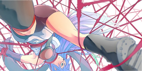 Anime picture 1000x500 with gintama sunrise (studio) sarutobi ayame djyui long hair blush light erotic wide image blue hair traditional clothes japanese clothes armpit (armpits) soles upside down girl gloves elbow gloves shorts boots thigh boots