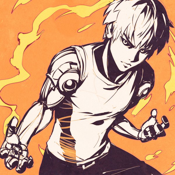 Anime picture 1080x1080 with one-punch man madhouse genos ilya kuvshinov single looking at viewer fringe short hair simple background from above monochrome orange background mechanical arms black sclera superhero boy flame cyborg