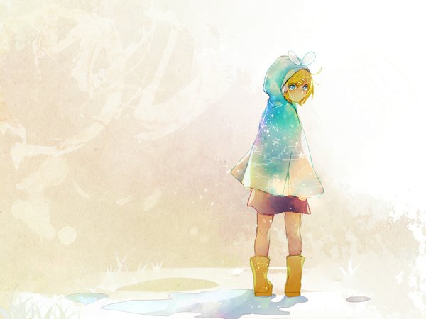 Anime picture 1600x1200 with vocaloid kagamine rin keishi single blush blue eyes blonde hair cloud (clouds) looking back girl cloak raincoat