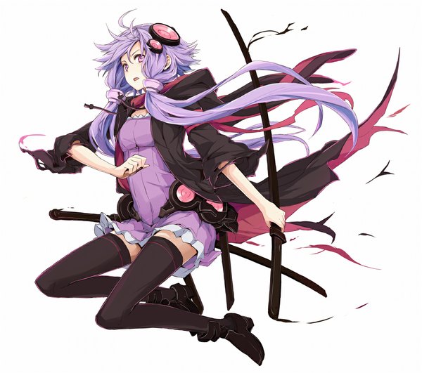 Anime picture 1000x885 with vocaloid yuzuki yukari toromera single long hair looking at viewer open mouth simple background white background twintails pink hair ahoge pink eyes zettai ryouiki low twintails girl thighhighs dress hair ornament weapon