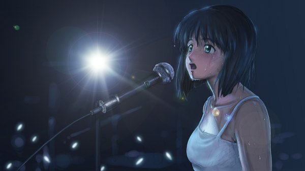 Anime picture 1280x720 with original isai shizuka short hair wide image green eyes sweat lens flare singing concert microphone tank top microphone stand searchlight