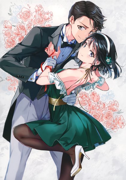 Anime picture 2858x4075 with masamune-kun no revenge silver link adagaki aki makabe masamune tiv tall image looking at viewer blush fringe highres short hair blue eyes black hair simple background smile standing white background bare shoulders bent knee (knees) scan