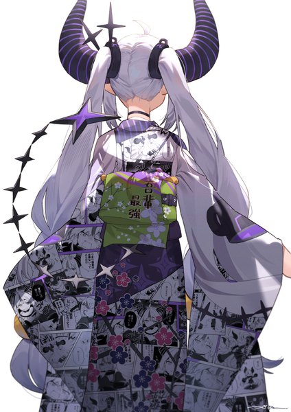 Anime picture 1736x2456 with virtual youtuber hololive la+ darknesss la+ darknesss (2nd costume) tsukino (nakajimaseiki) single long hair tall image highres simple background white background twintails signed payot silver hair ahoge very long hair traditional clothes japanese clothes horn (horns)