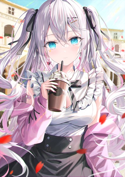 Anime picture 1630x2308 with original rin yuu single long hair tall image looking at viewer fringe breasts blue eyes hair between eyes standing holding payot sky cleavage silver hair outdoors nail polish fingernails sunlight