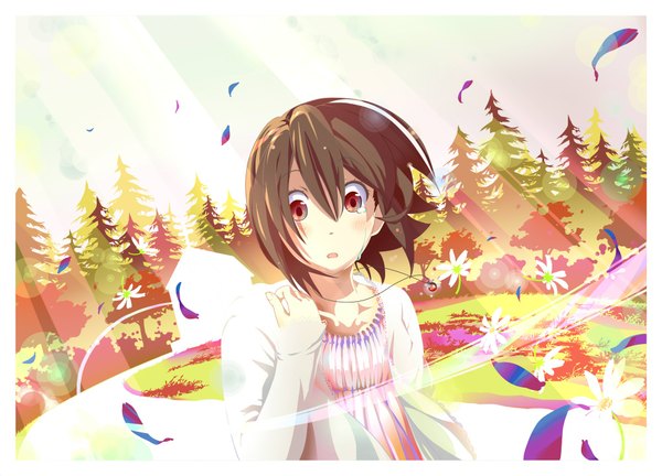 Anime picture 2000x1441 with kokoro connect silver link inaba himeko monaral-jiro (artist) blush highres short hair open mouth red eyes brown hair wind sunlight tears girl flower (flowers) plant (plants) tree (trees) grass necklace forest