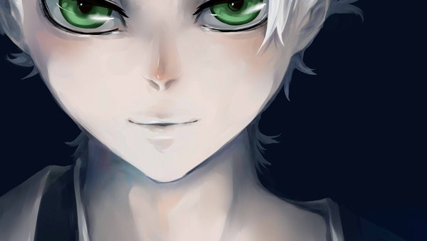 Anime picture 2000x1129 with bleach studio pierrot hitsugaya toushirou caktus (artist) single highres short hair simple background wide image green eyes white hair light smile close-up boy