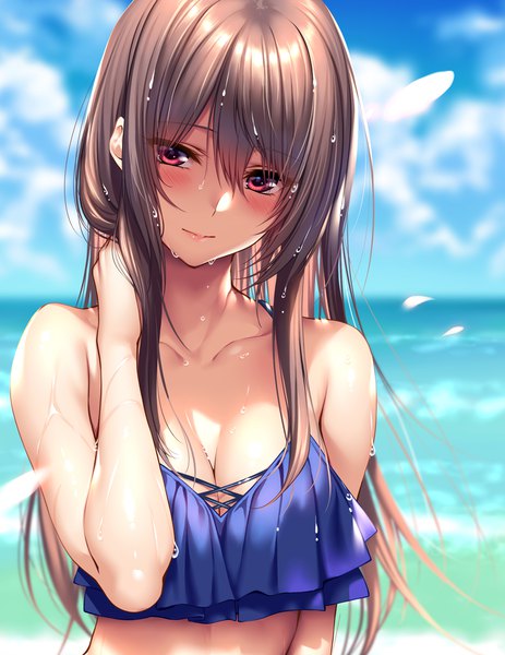 Anime picture 911x1179 with hanikami kanojo minazumi kasane piromizu single long hair tall image looking at viewer blush fringe breasts red eyes brown hair large breasts payot sky cleavage upper body outdoors head tilt blurry