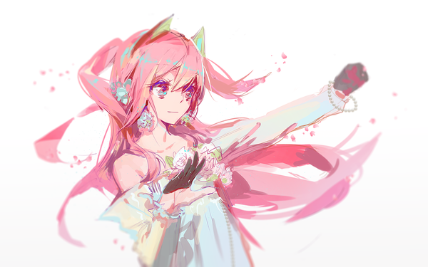 Anime picture 1920x1200 with vocaloid hatsune miku sakura miku yyb single long hair fringe highres simple background hair between eyes white background bare shoulders animal ears looking away pink hair pink eyes light smile blurry cat ears outstretched arm