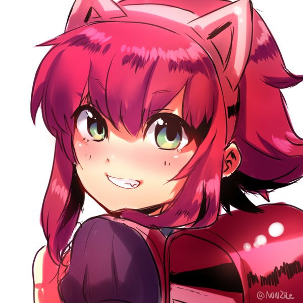 Anime picture 960x960 with league of legends annie (league of legends) non (nonzile) single looking at viewer blush fringe short hair simple background smile white background green eyes animal ears red hair looking back fake animal ears girl school bag