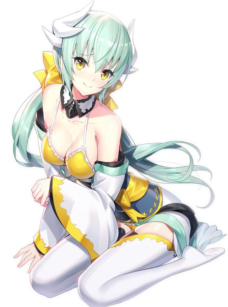 Anime picture 894x1200 with fate (series) fate/grand order kiyohime (fate) kiyohime (swimsuit lancer) (fate) ririko (zhuoyandesailaer) single long hair tall image looking at viewer blush fringe breasts light erotic simple background smile hair between eyes white background sitting yellow eyes payot