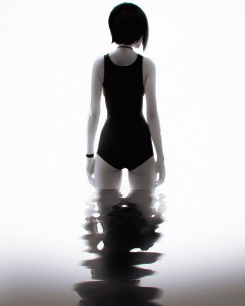 Anime picture 1280x1600 with original ilya kuvshinov single tall image short hair light erotic black hair standing white background ass from behind monochrome reflection girl swimsuit choker water one-piece swimsuit wristlet