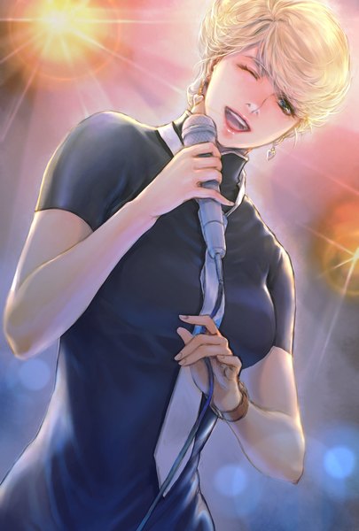 Anime picture 1378x2039 with mobile suit gundam mobile suit gundam the origin sunrise (studio) crowley hamon takeda yuuko single tall image looking at viewer short hair open mouth blonde hair green eyes upper body one eye closed ;d girl earrings necktie microphone