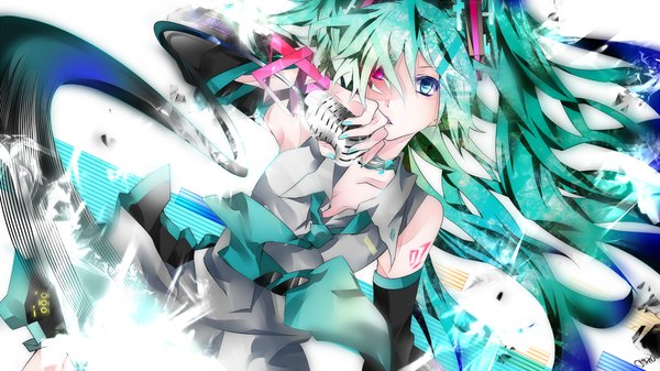 Anime picture 1920x1080 with vocaloid hatsune miku tyouya single long hair looking at viewer fringe highres wide image twintails holding nail polish aqua hair open clothes tattoo open shirt heterochromia girl detached sleeves necktie