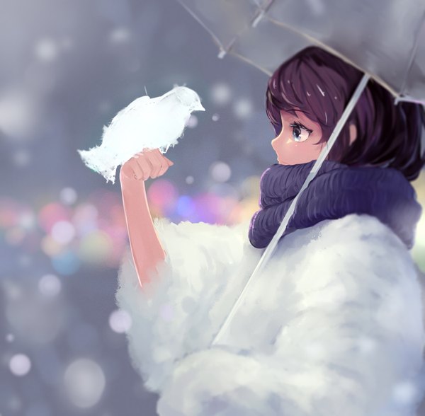 Anime picture 3500x3435 with original kisei2 single highres short hair blue eyes smile sitting holding looking away absurdres purple hair upper body profile arm up fur trim transparent umbrella bird on hand girl animal