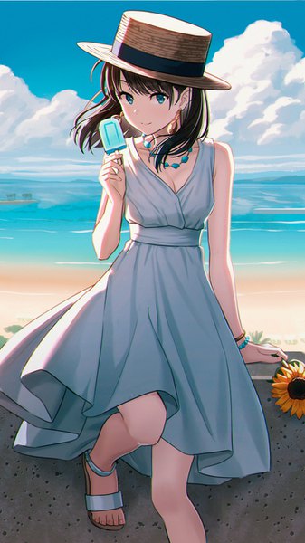 Anime picture 750x1334 with original hyuuga azuri single long hair tall image looking at viewer fringe breasts blue eyes black hair smile standing bare shoulders holding sky cleavage cloud (clouds) outdoors wind arm support