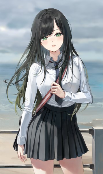 Anime picture 4000x6718 with original emyo single long hair tall image looking at viewer blush fringe highres breasts open mouth black hair standing green eyes absurdres sky cloud (clouds) outdoors blunt bangs long sleeves
