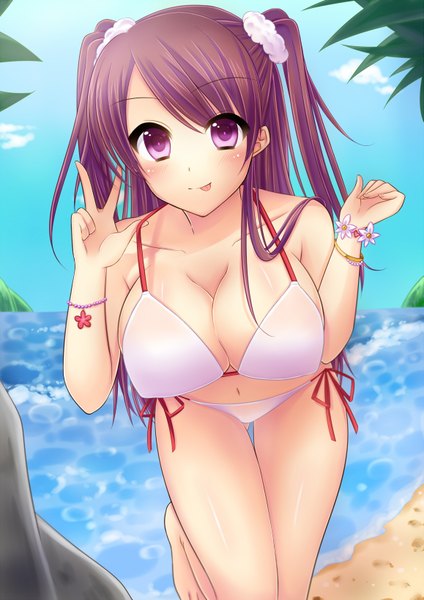 Anime picture 1157x1636 with original yomogi (becr) single long hair tall image looking at viewer blush breasts light erotic large breasts purple eyes purple hair :p girl swimsuit bikini tongue