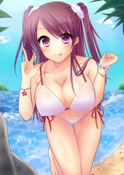 Anime-Bild 1157x1636 mit original yomogi (becr) single long hair tall image looking at viewer blush breasts light erotic large breasts purple eyes purple hair :p girl swimsuit bikini tongue