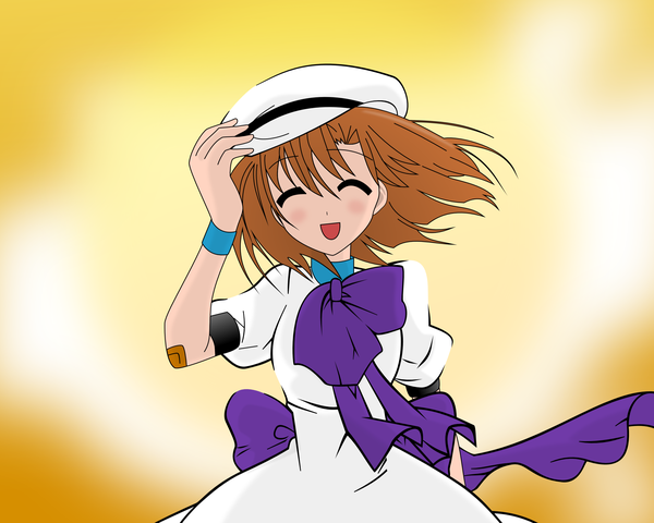 Anime picture 2560x2048 with higurashi no naku koro ni studio deen ryuuguu rena single fringe highres open mouth simple background smile hair between eyes brown hair eyes closed wind short sleeves puffy sleeves vector adjusting hat bandaid on arm girl dress