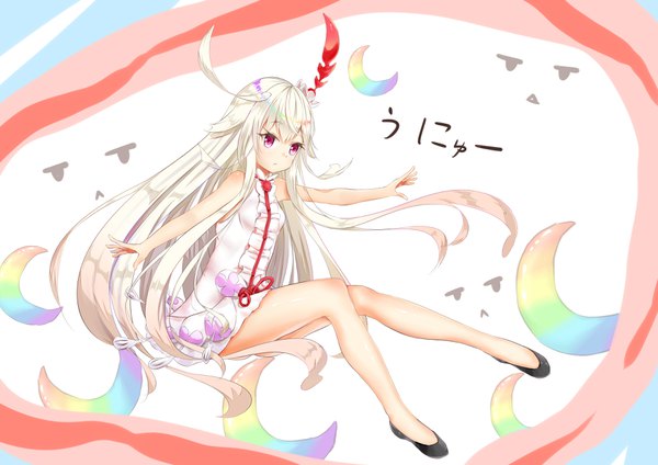 Anime picture 3507x2480 with last period choko (last period) precision single fringe highres hair between eyes purple eyes bare shoulders looking away absurdres silver hair full body ahoge bent knee (knees) very long hair bare legs sleeveless hieroglyph spread arms