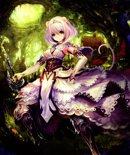 Anime picture 3656x4367 with shingeki no bahamut tachikawa mushimaro (bimo) single tall image looking at viewer highres short hair green eyes animal ears absurdres white hair tail animal tail scan mouse ears mouse tail girl dress weapon sword