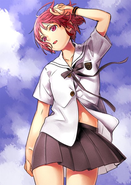 Anime picture 2480x3507 with shangri-la houjou kuniko tayuya1130 single tall image highres short hair open mouth standing pink hair sky cloud (clouds) ahoge pleated skirt pink eyes wind hand on head girl skirt navel