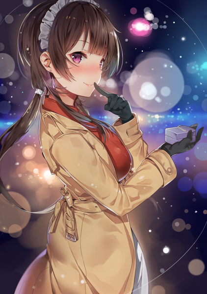 Anime picture 918x1305 with original yuran (cozyquilt) single long hair tall image blush black hair purple eyes looking away finger to mouth snowing girl gloves black gloves headdress maid headdress coat
