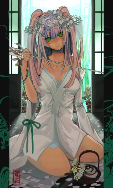 Anime picture 3000x5000 with original ukai saki single long hair tall image highres twintails green eyes pink hair tattoo girl hair ornament petals