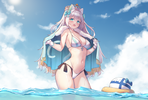 Anime-Bild 7770x5280 mit original kuromori (1010845110) single long hair looking at viewer blush fringe highres breasts open mouth blue eyes light erotic standing signed animal ears absurdres sky cloud (clouds) outdoors white hair
