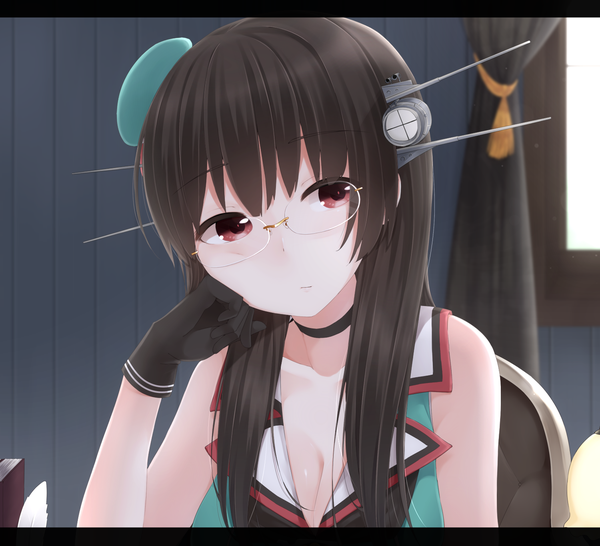 Anime picture 1500x1365 with kantai collection choukai heavy cruiser yukichi (sukiyaki39) single long hair looking at viewer black hair red eyes bare shoulders girl gloves hair ornament black gloves glasses