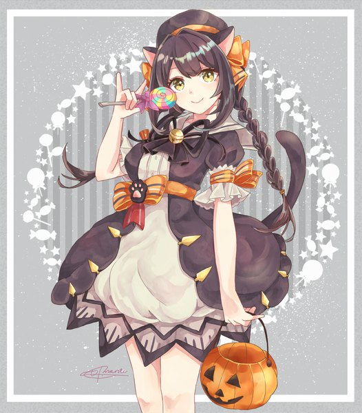 Anime picture 1000x1140 with original hachimitsu monte single long hair tall image looking at viewer black hair standing signed animal ears yellow eyes tail braid (braids) animal tail cat ears grey background cat tail puffy sleeves twin braids border