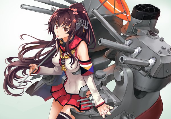 Anime picture 1980x1385 with kantai collection yamato super battleship nr noir single long hair looking at viewer highres brown hair white background ponytail covered navel flower in mouth girl thighhighs skirt flower (flowers) detached sleeves single thighhigh red skirt armband