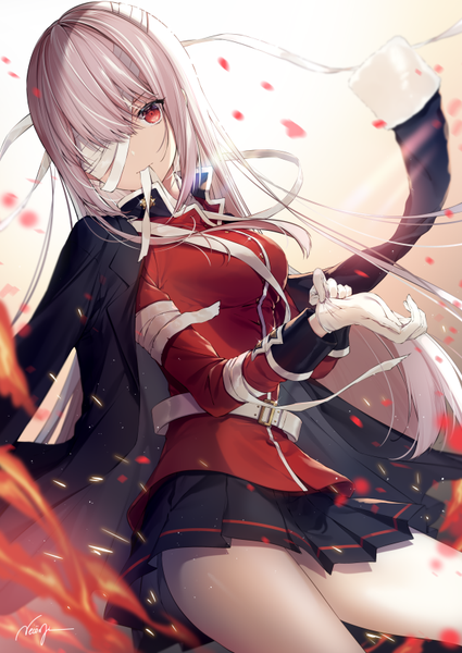 Anime picture 600x847 with fate (series) fate/grand order florence nightingale (fate) necomi (gussan) single long hair tall image looking at viewer fringe red eyes holding signed silver hair long sleeves pleated skirt from below mouth hold clothes on shoulders adjusting clothes ribbon in mouth