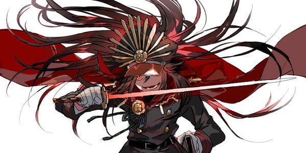 Anime picture 800x400 with fate (series) koha-ace oda nobunaga (fate) (all) oda nobunaga (fate) newo (shinra-p) single long hair looking at viewer fringe open mouth black hair simple background hair between eyes red eyes wide image standing white background holding arm up hand on hip
