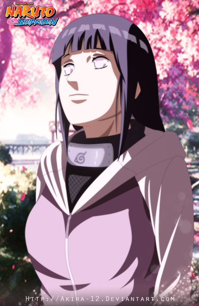 Anime picture 1286x1979 with naruto studio pierrot naruto (series) hyuuga hinata akira-12 single long hair tall image black hair smile pink eyes inscription coloring cherry blossoms girl plant (plants) tree (trees) bandana