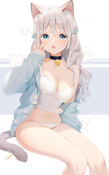 Anime picture 860x1380 with virtual youtuber indie virtual youtuber amanagi el kinako (shiratama mochi) single long hair tall image looking at viewer blush fringe breasts open mouth blue eyes light erotic simple background hair between eyes large breasts signed animal ears cleavage