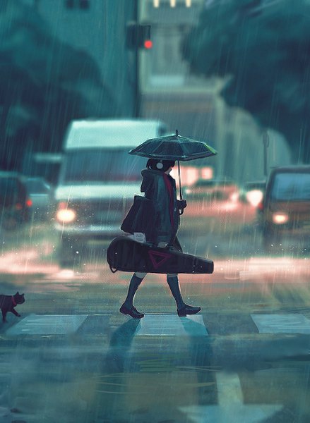 Anime picture 900x1229 with original guweiz tall image short hair black hair holding full body outdoors wet depth of field city light rain cityscape walking street crosswalk girl animal socks