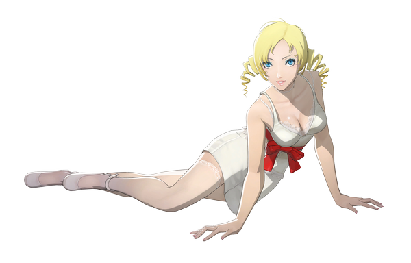 Anime picture 3900x2501 with catherine (game) catherine single long hair looking at viewer highres blue eyes light erotic blonde hair absurdres cleavage drill hair transparent background girl thighhighs white thighhighs