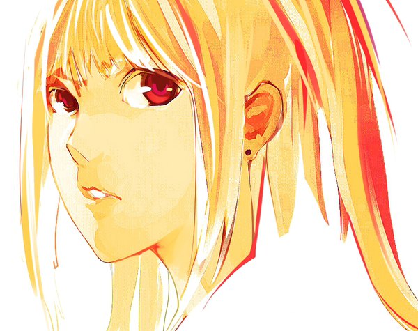 Anime picture 975x772 with death note madhouse amane misa yamai (lusycat) single long hair looking at viewer fringe simple background blonde hair red eyes white background payot parted lips portrait girl earrings stud earrings