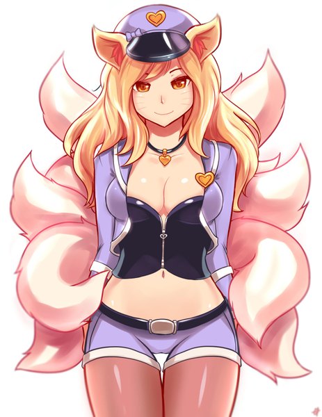 Anime picture 1275x1650 with league of legends ahri (league of legends) popstar ahri (league of legends) sieyarelow single long hair tall image looking at viewer fringe breasts light erotic blonde hair smile animal ears tail animal tail orange eyes fox ears facial mark fox tail