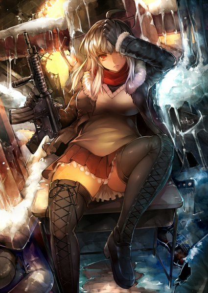 Anime picture 800x1129 with original luco san single long hair tall image light erotic red eyes white hair open clothes open jacket girl skirt weapon jacket boots gun thigh boots desk assault rifle