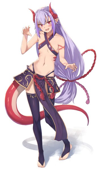 Anime picture 892x1486 with original melusine (ibuki notsu) ibuki notsu single long hair tall image looking at viewer blush fringe breasts open mouth light erotic simple background hair between eyes red eyes standing white background bare shoulders payot purple hair