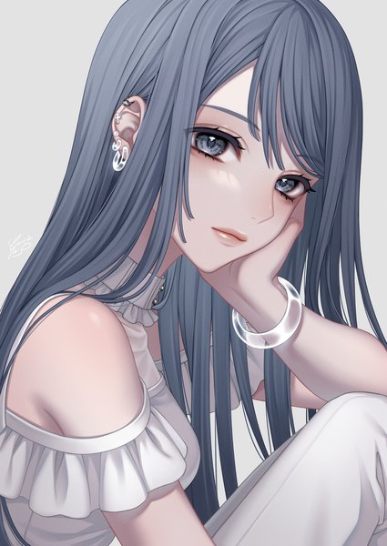 Anime picture 850x1200 with original ca yu single long hair tall image simple background sitting bare shoulders looking away lips grey hair grey background grey eyes piercing ear piercing head rest girl bracelet