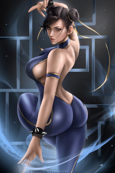 Anime picture 3360x5040 with street fighter capcom chun-li wtparadiseart single tall image looking at viewer fringe highres short hair breasts light erotic black hair large breasts standing brown eyes signed absurdres ass parted lips