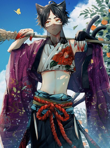 Anime-Bild 2567x3433 mit original yoichi e single tall image fringe highres short hair black hair red eyes standing animal ears looking away sky cloud (clouds) ahoge outdoors tail traditional clothes japanese clothes animal tail