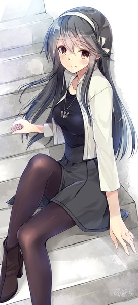 Anime picture 797x1754 with kantai collection haruna battleship kobayashi chisato single long hair tall image looking at viewer blush fringe black hair smile hair between eyes sitting brown eyes bent knee (knees) long sleeves arm support open jacket girl skirt