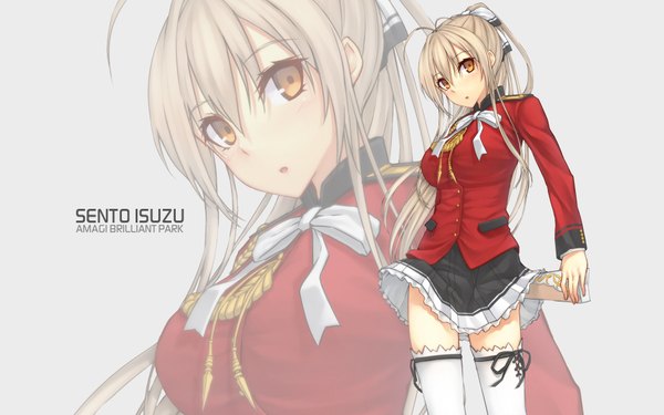 Anime picture 1920x1200 with amagi brilliant park kyoto animation sento isuzu assassinwarrior mikazuchi zeus single long hair fringe highres breasts open mouth simple background blonde hair standing white background holding looking away ahoge ponytail pleated skirt