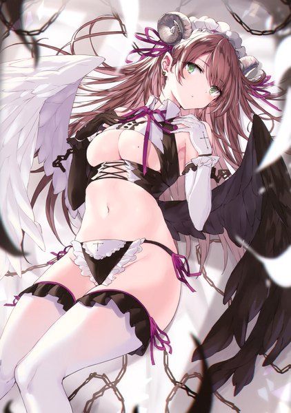 Anime picture 2407x3421 with original nanananana single long hair tall image looking at viewer blush fringe highres breasts light erotic hair between eyes brown hair bare shoulders green eyes payot bent knee (knees) lying horn (horns) blurry