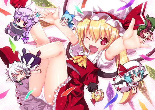 Anime picture 1000x710 with touhou flandre scarlet remilia scarlet izayoi sakuya patchouli knowledge cirno hong meiling rumia kiira short hair open mouth light erotic blonde hair smile red eyes one eye closed wink teeth fang (fangs) chibi